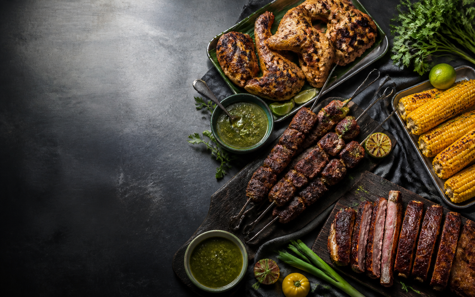 A Caribbean grill spread with chicken, beef skewers, ribs and roasted corn