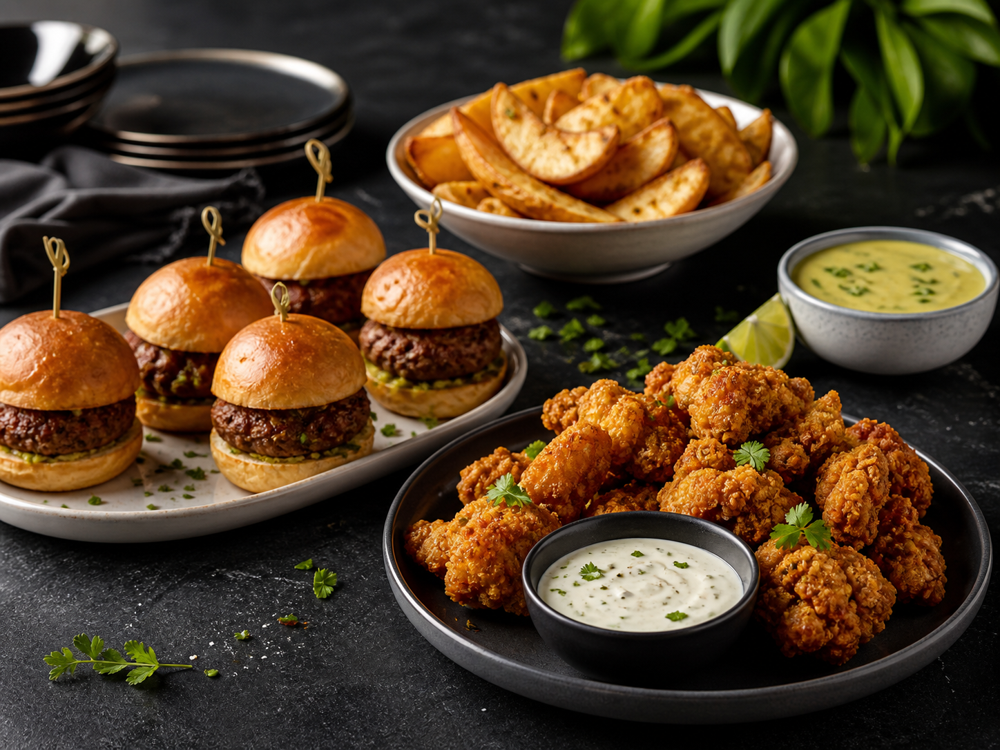 Chicken bites, mini sliders and seasoned wedges