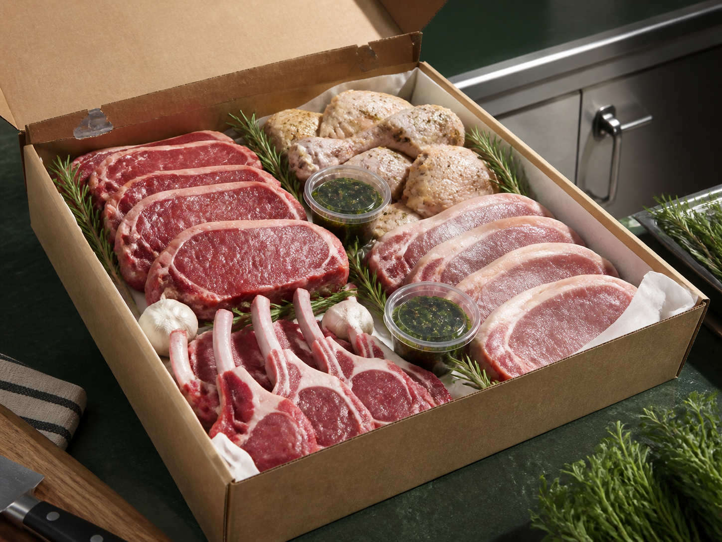 A family meat box with steaks, chops and seasoned chicken